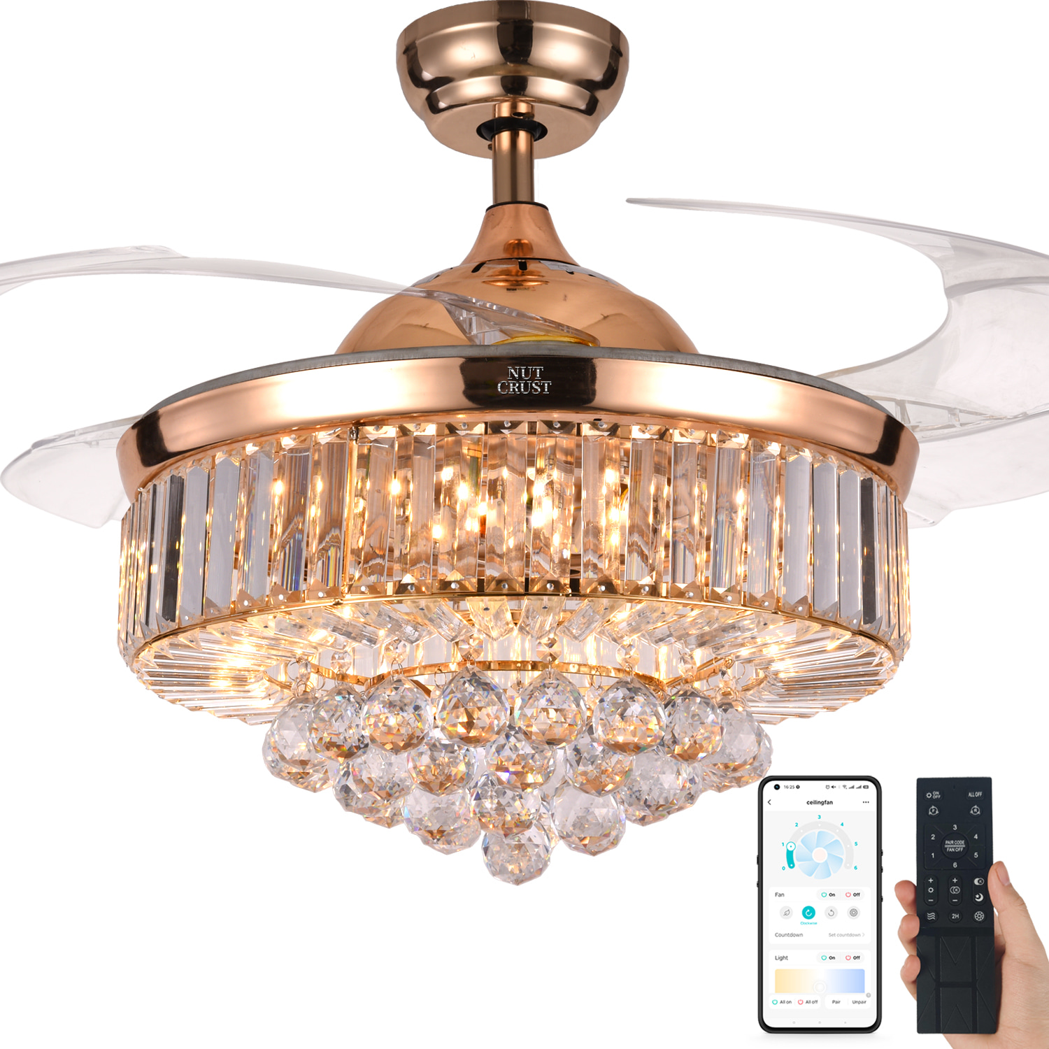 NUTCRUST Crystal Ceiling Fan with Lights and Remote
